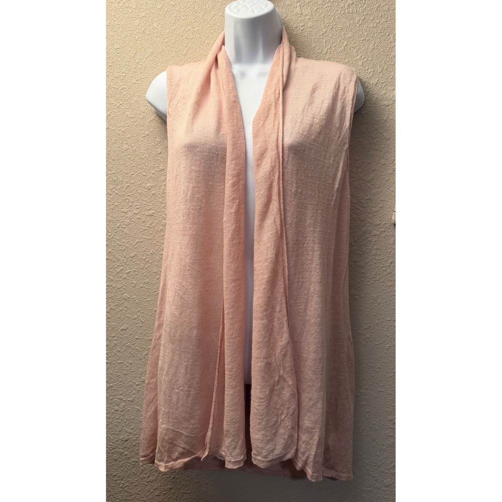 St. Tropez West Women Pink 100% Linen Open Front Draped Knit Vest Cardigan Small